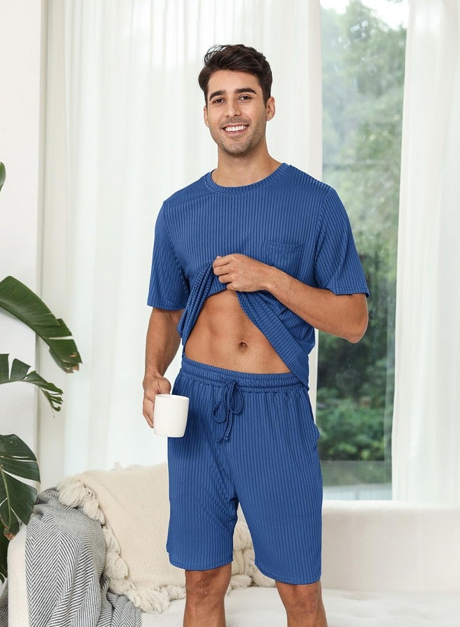 EISHOPEER Mens Pajama Set Kint Ribbed Sleepwear Nightwear Soft Short Sleeve Crew-Neck Pjs Sleep Set With Pockets Peacock BlueLarge - Image 3